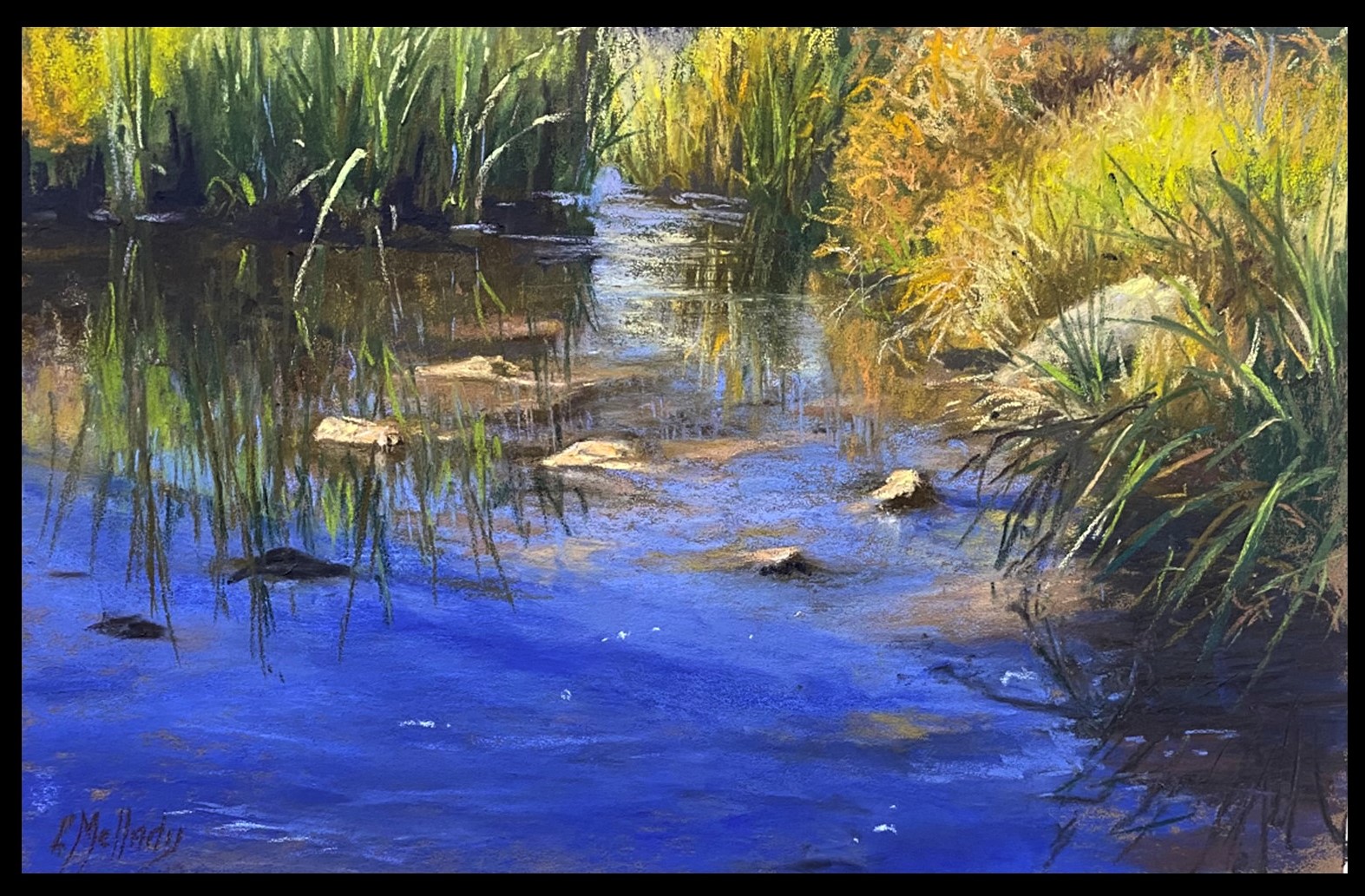 A pastel painting where sunlight and reflections play on the water